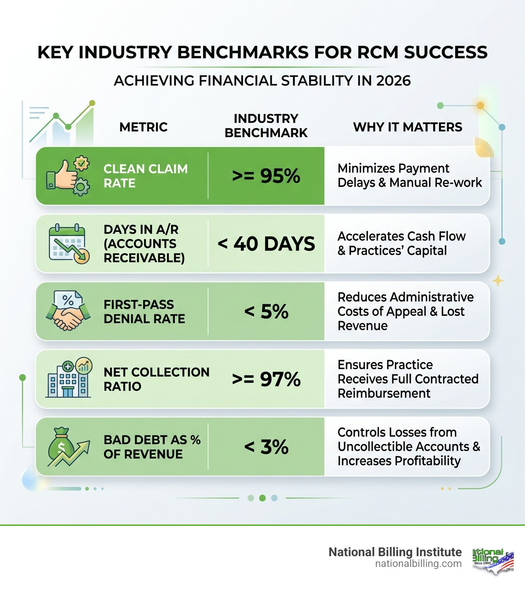 table comparing industry benchmarks for RCM success - revenue cycle management healthcare infographic 