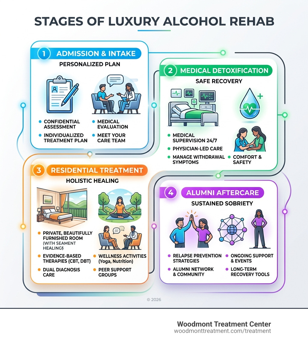 Stages of luxury alcohol rehab from admission through detox, residential treatment, and alumni aftercare - luxury alcohol