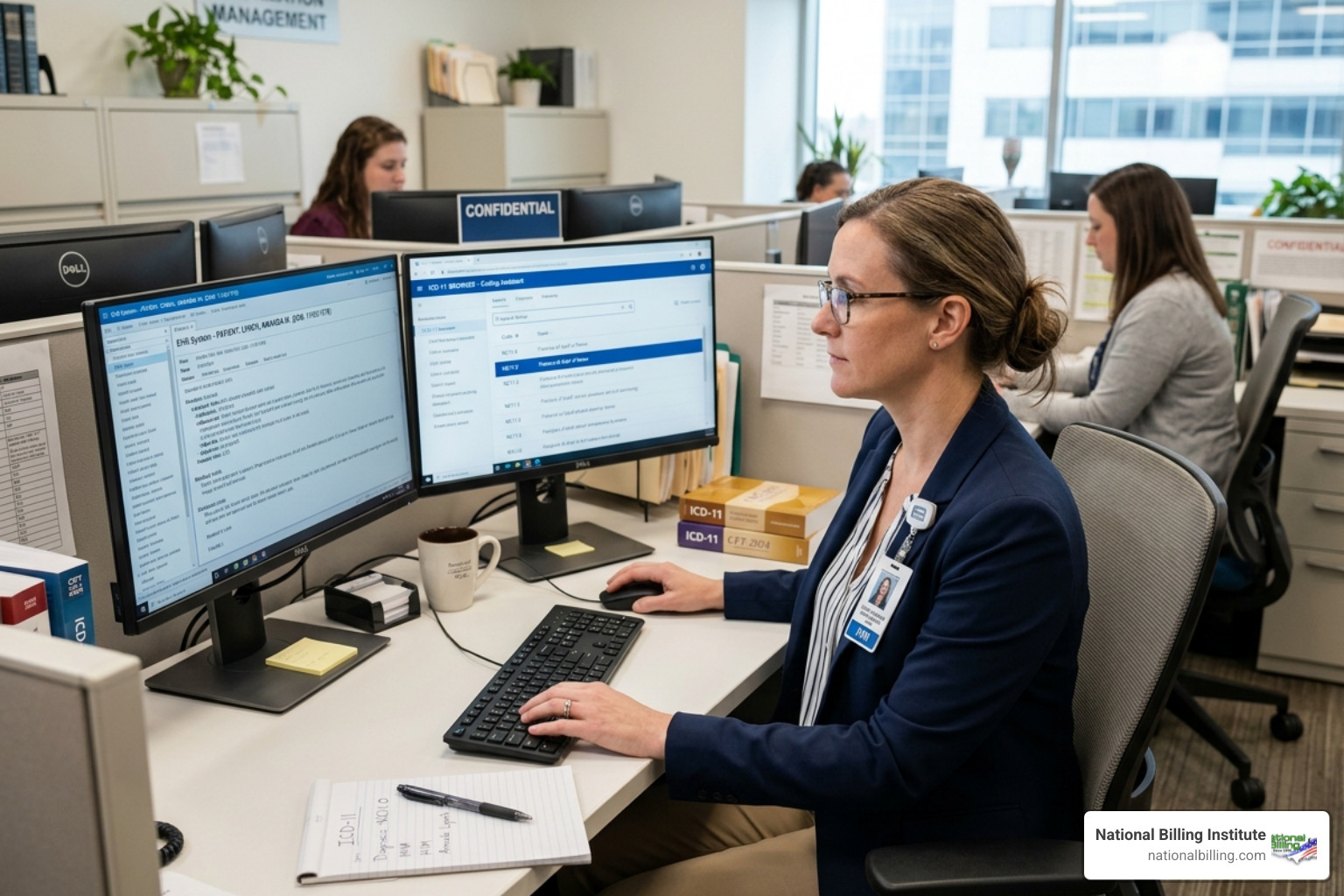 medical coder reviewing digital charts and applying ICD-11 codes - revenue cycle management healthcare
