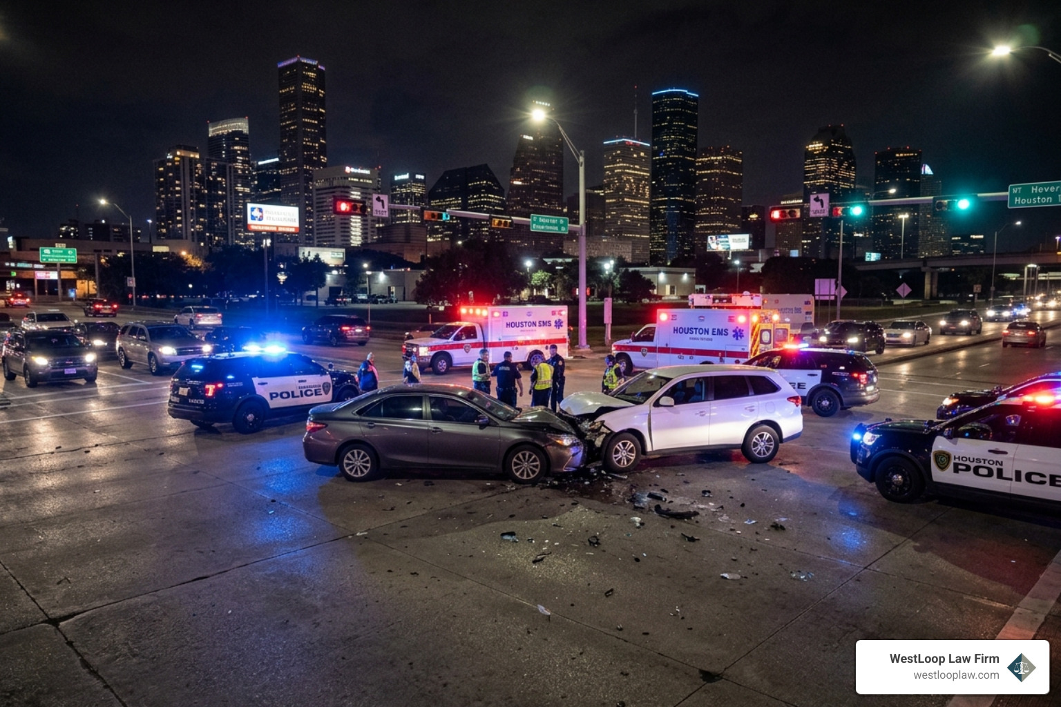 Car crash at a busy Houston intersection with emergency lights - pearland car accident lawyer Car crash at a busy Houston intersection with emergency lights - pearland car accident lawyer