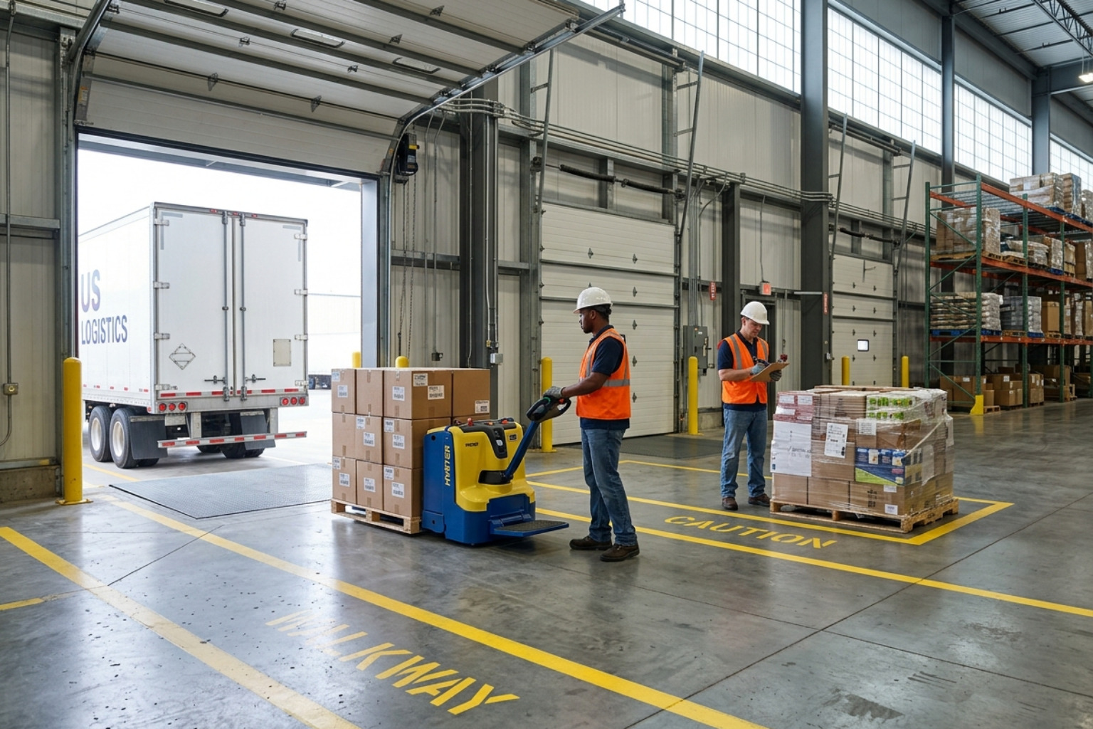 clean and organized warehouse receiving dock with clear floor markings - inbound operations in warehouse