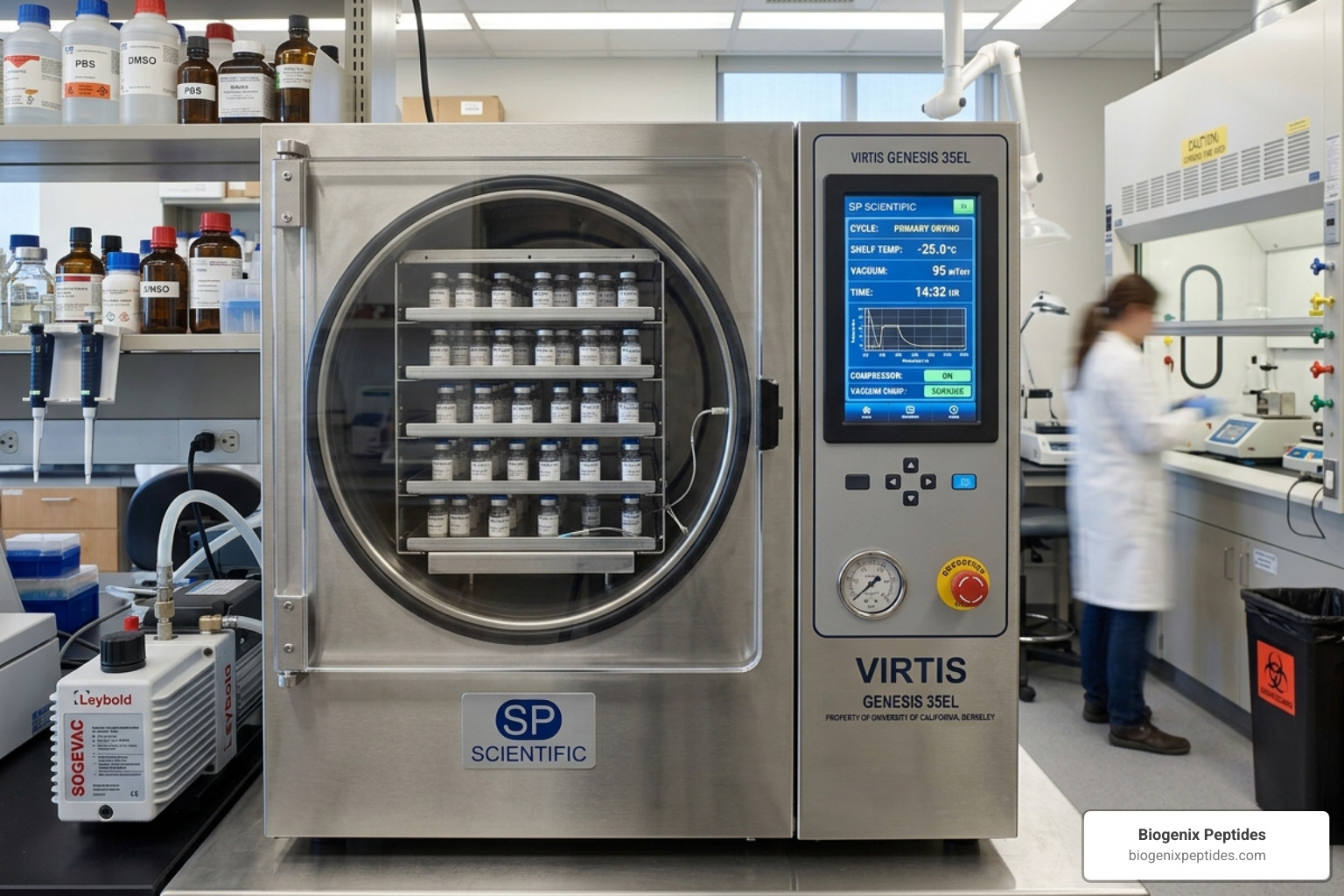 A laboratory lyophilizer showing the vacuum chamber and shelving units - what is lyophilized
