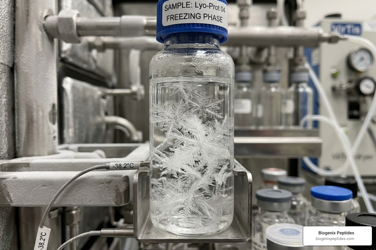 Microscopic view of ice crystal formation in a research vial during the freezing phase - what is lyophilized