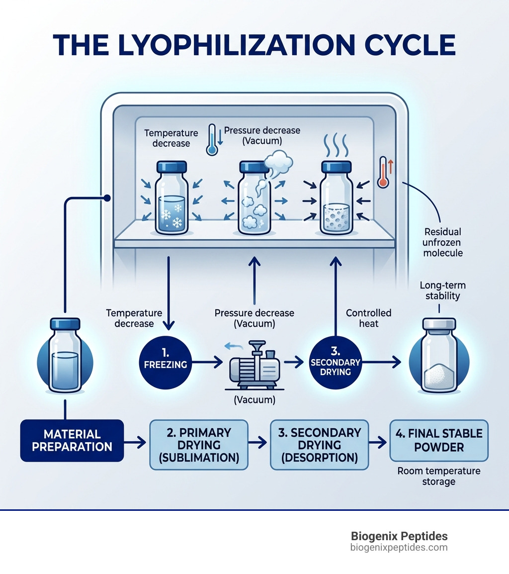 Infographic showing the lyophilization cycle: freezing, primary drying via sublimation, secondary drying, and final stable