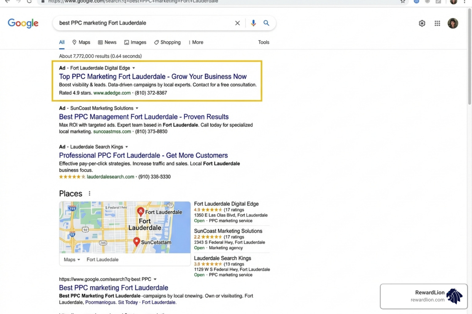 Google search results showing local Fort Lauderdale ads - ppc marketing fort lauderdale
