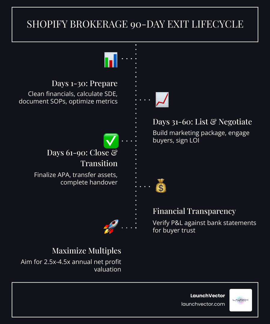 90-day Shopify brokerage exit lifecycle infographic showing three phases: prepare, list, and close - shopify brokerage 90