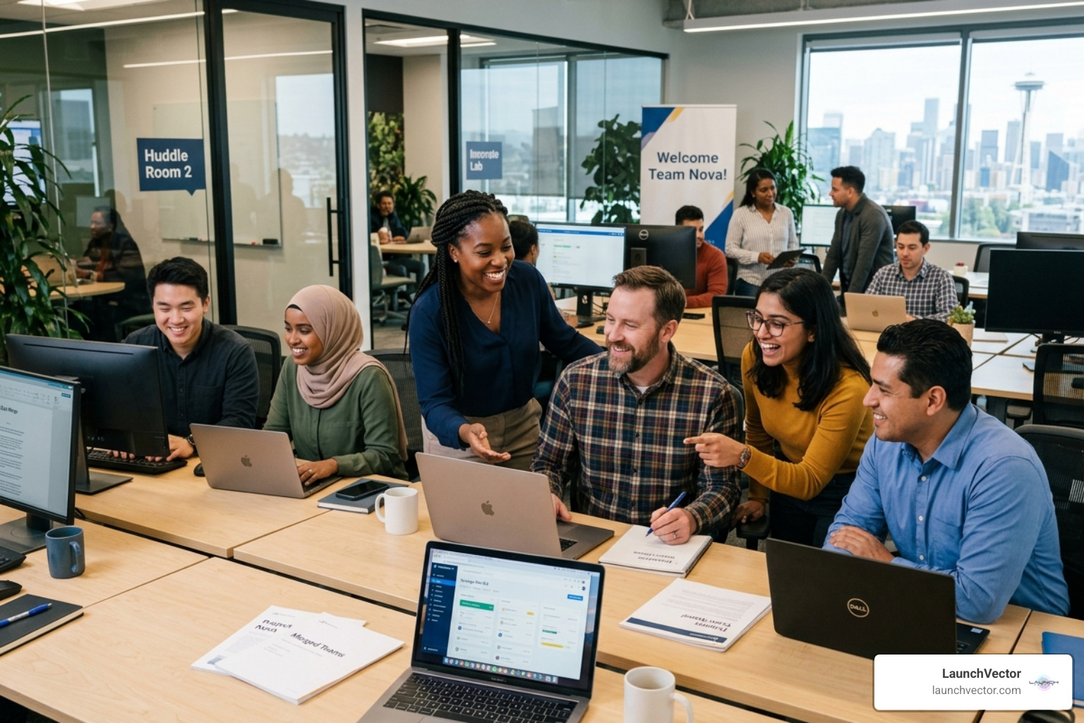 A diverse team of employees from two merged companies working together in a shared workspace - small business merger