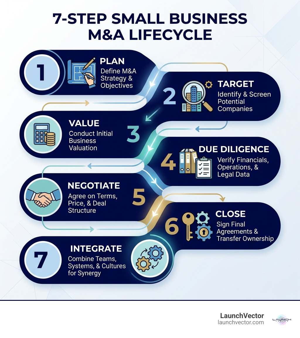 7-step small business M&A lifecycle infographic: plan, target, value, due diligence, negotiate, close, integrate - small