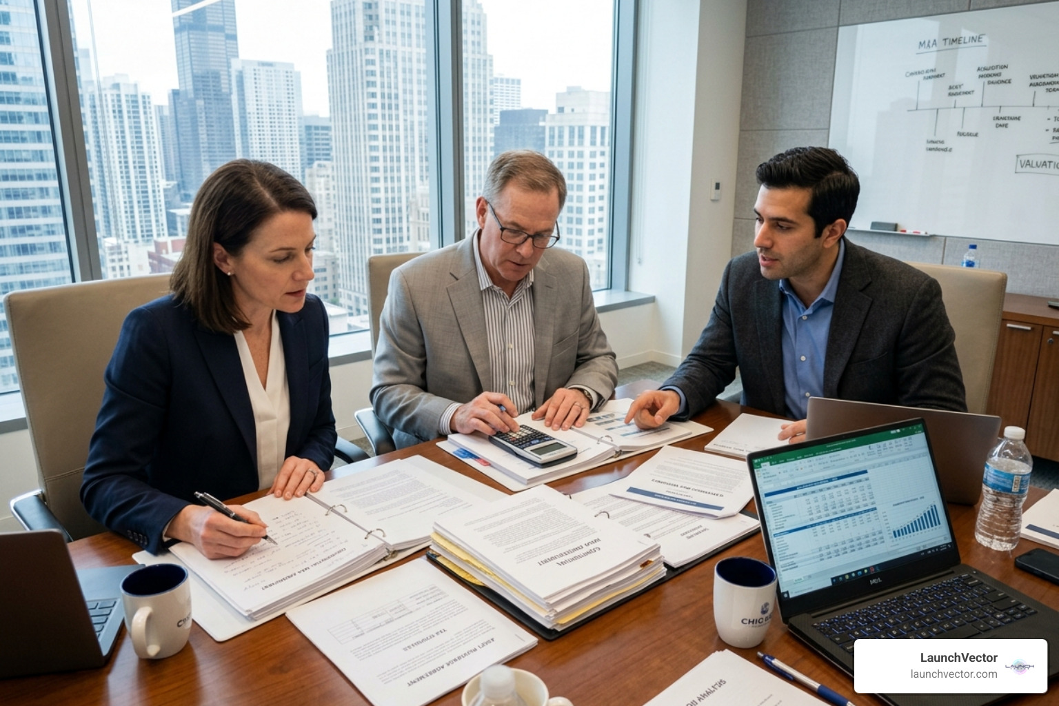A professional advisory team of an attorney, CPA, and consultant reviewing M&A documents - small business merger