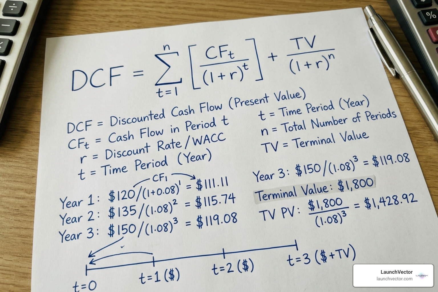 Formula for Discounted Cash Flow showing the summation of future cash flows divided by the discount rate - determining the