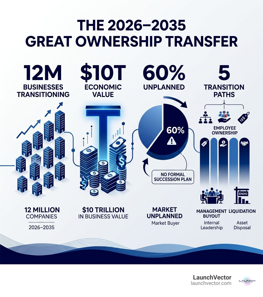 Infographic showing the scale of the 2026–2035 Great Ownership Transfer: 12M businesses, $10T value, 60% unplanned, 5