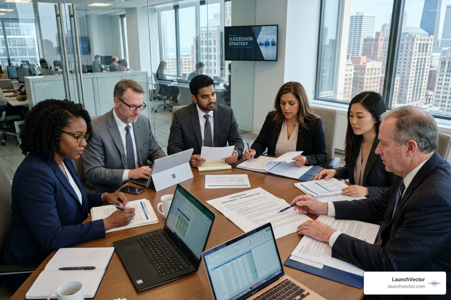 A professional advisory team, including lawyers and accountants, meeting to finalize a succession plan - small business