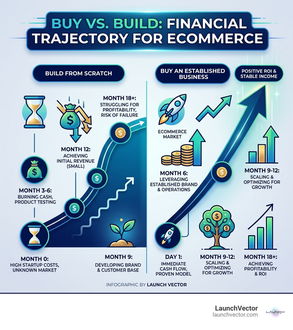 Buy vs. Build financial trajectory infographic for ecommerce businesses - ecommerce businesses for sale infographic 