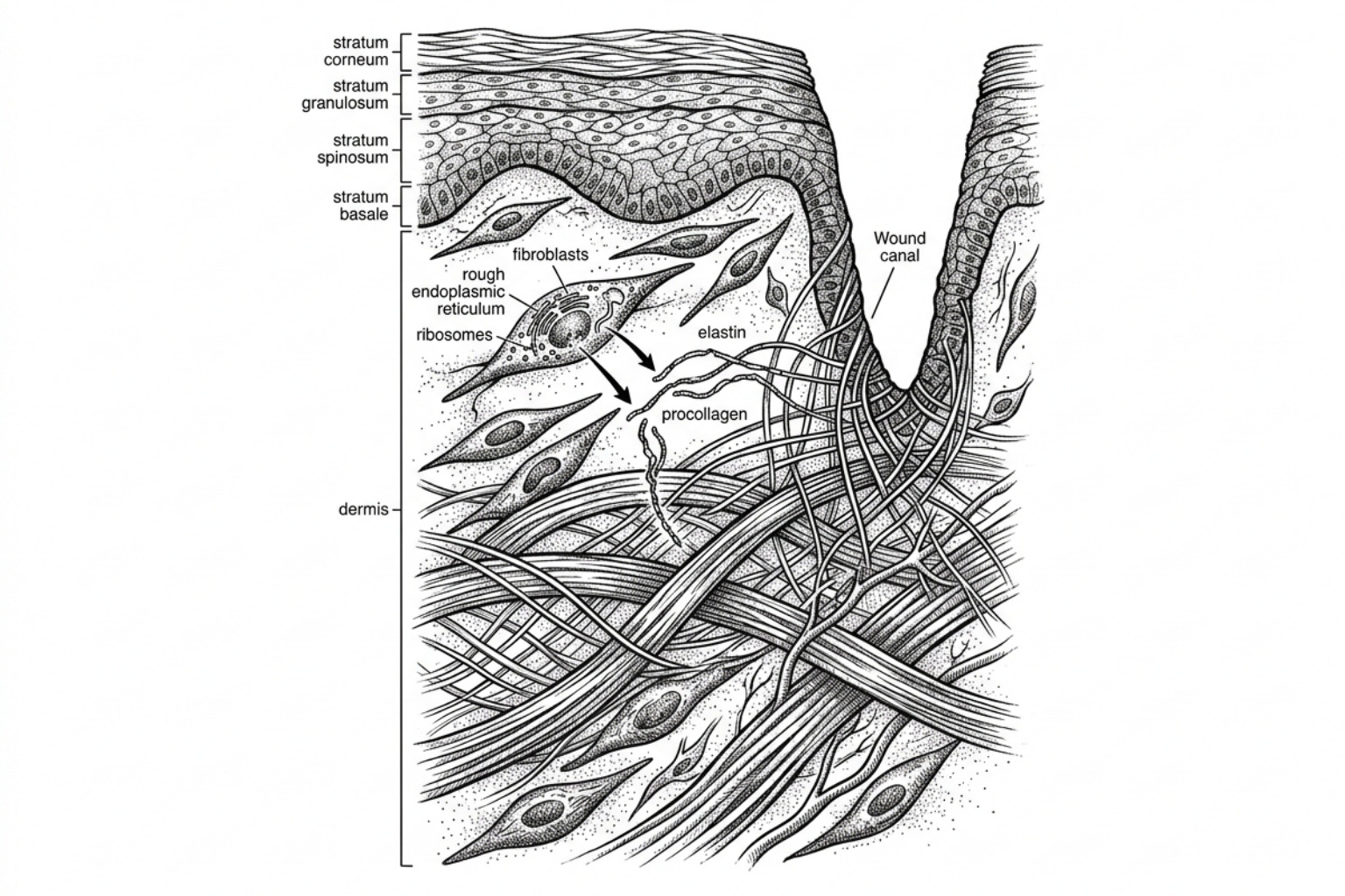 Illustration of protein synthesis and collagen formation in wound healing and scar recovery