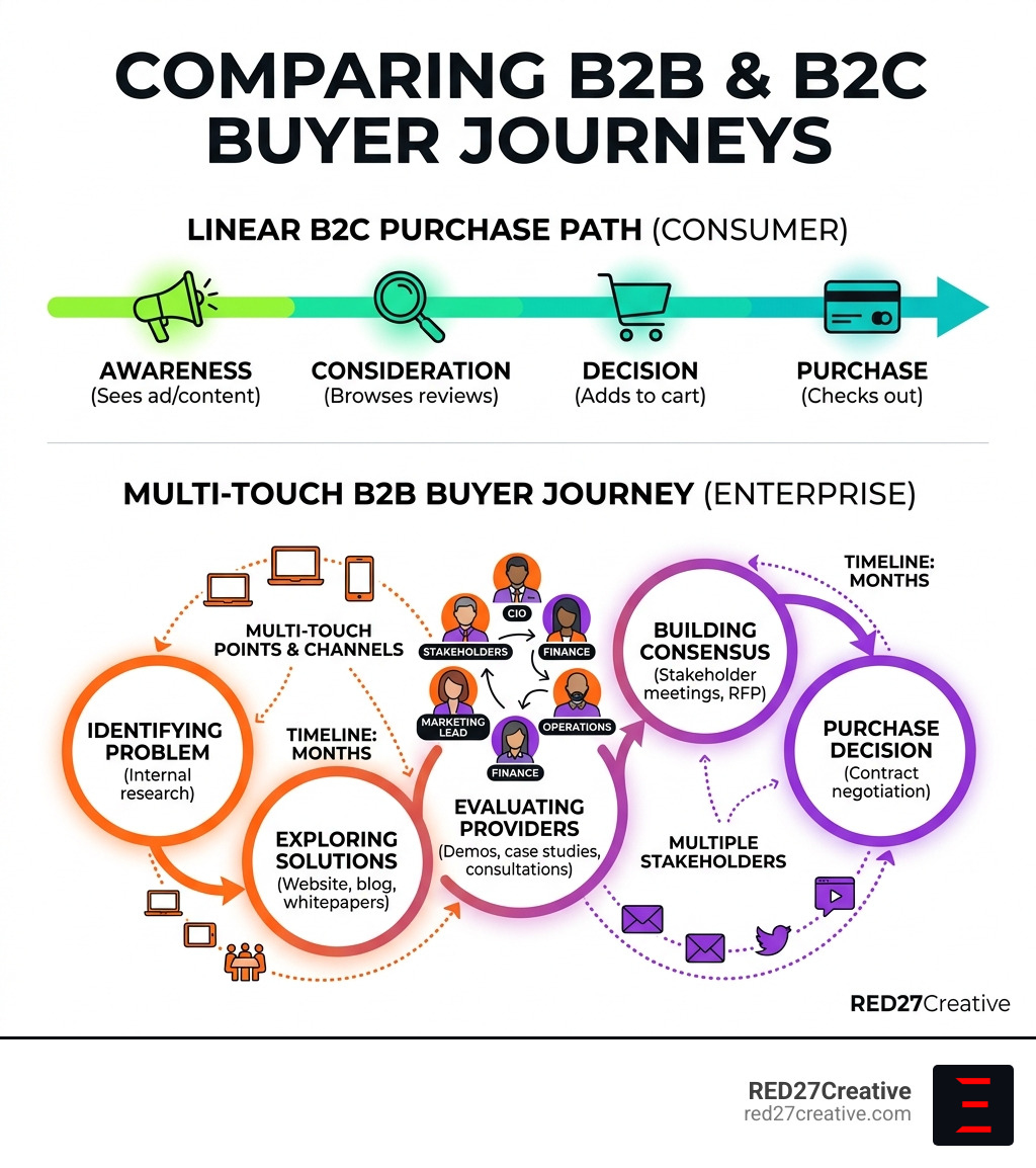 Infographic comparing multi-touch B2B buyer journey with multiple stakeholders vs. linear B2C purchase path - Conversion Infographic comparing multi-touch B2B buyer journey with multiple stakeholders vs. linear B2C purchase path - Conversion