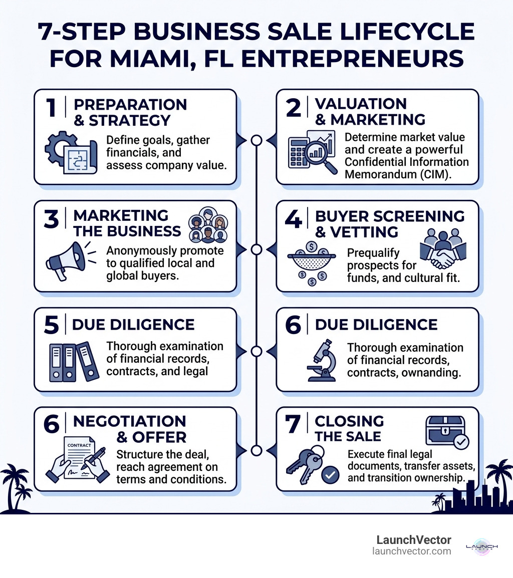 7-step business sale lifecycle infographic for Miami FL entrepreneurs - business broker miami fl infographic 