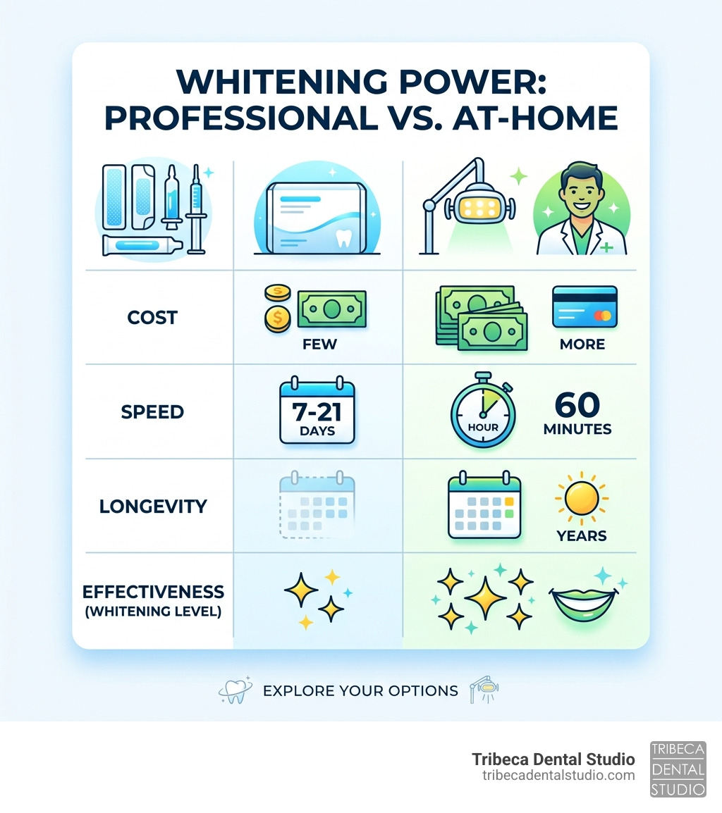 Table comparing professional vs at-home whitening cost, speed, and longevity - best teeth whitening infographic Table comparing professional vs at-home whitening cost, speed, and longevity - best teeth whitening infographic