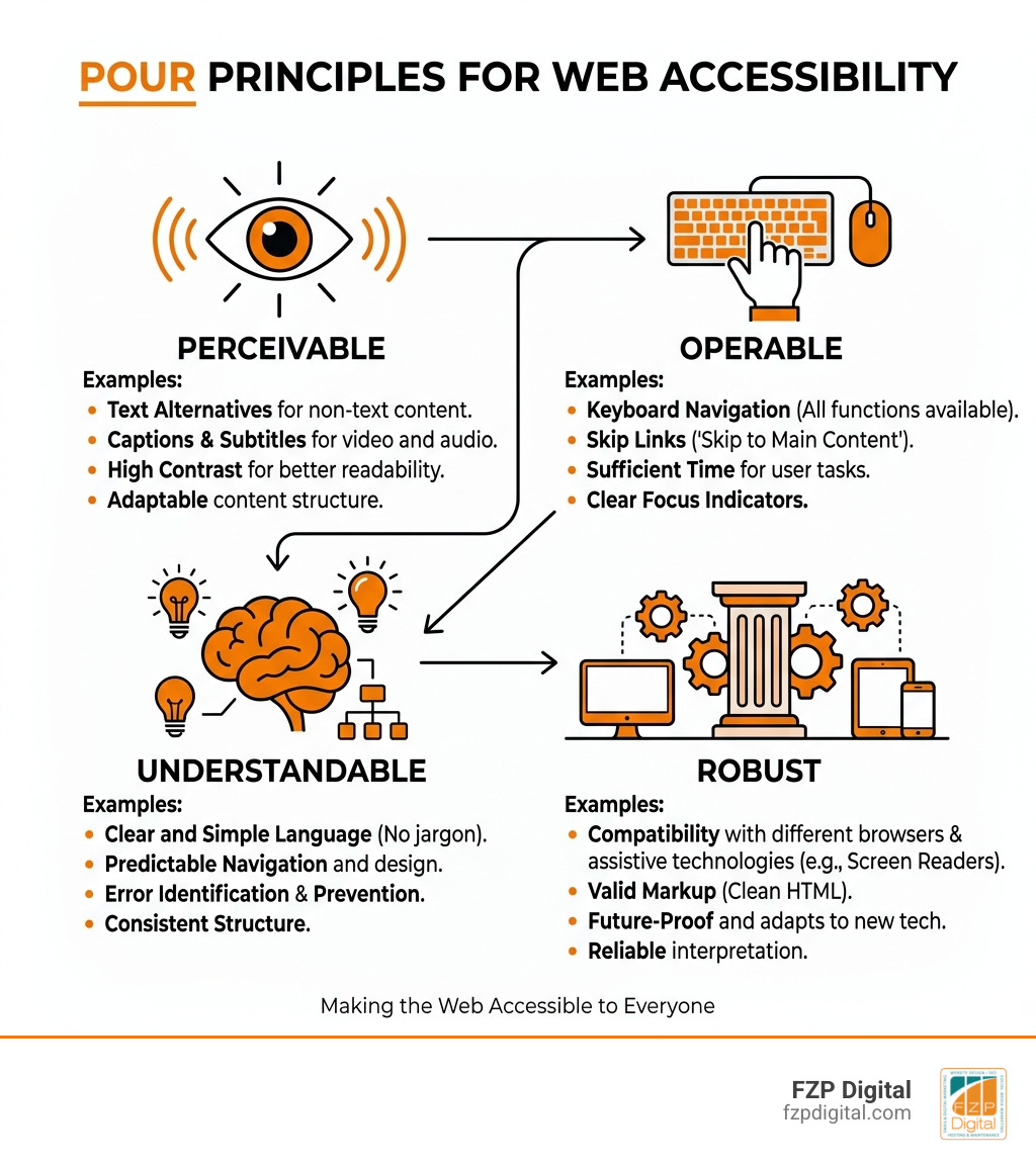 POUR principles infographic: Perceivable, Operable, Understandable, Robust with icons and examples - web accessibility POUR principles infographic: Perceivable, Operable, Understandable, Robust with icons and examples - web accessibility