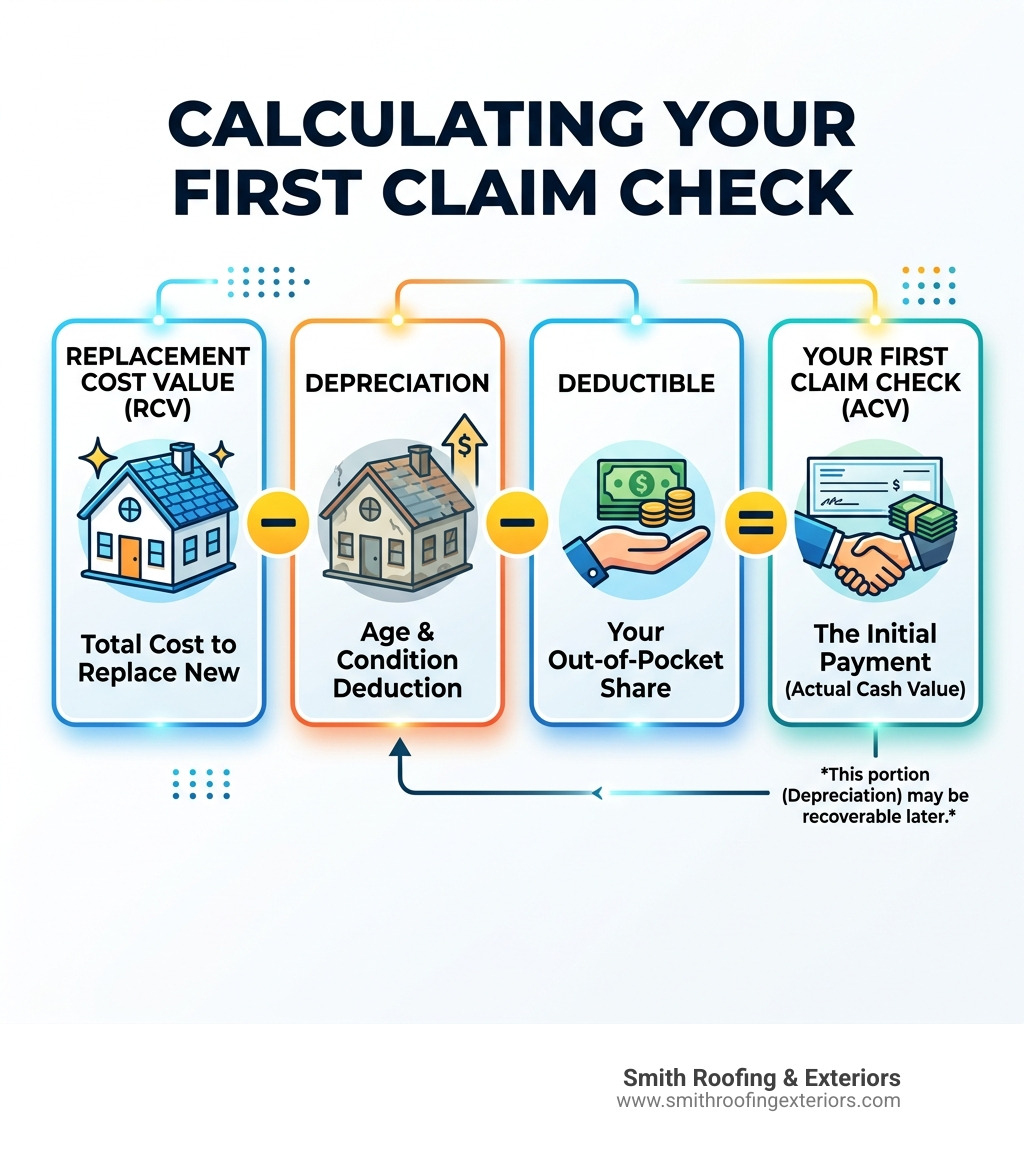 Infographic showing how RCV minus depreciation and deductible equals the first check - roof insurance claims infographic Infographic showing how RCV minus depreciation and deductible equals the first check - roof insurance claims infographic