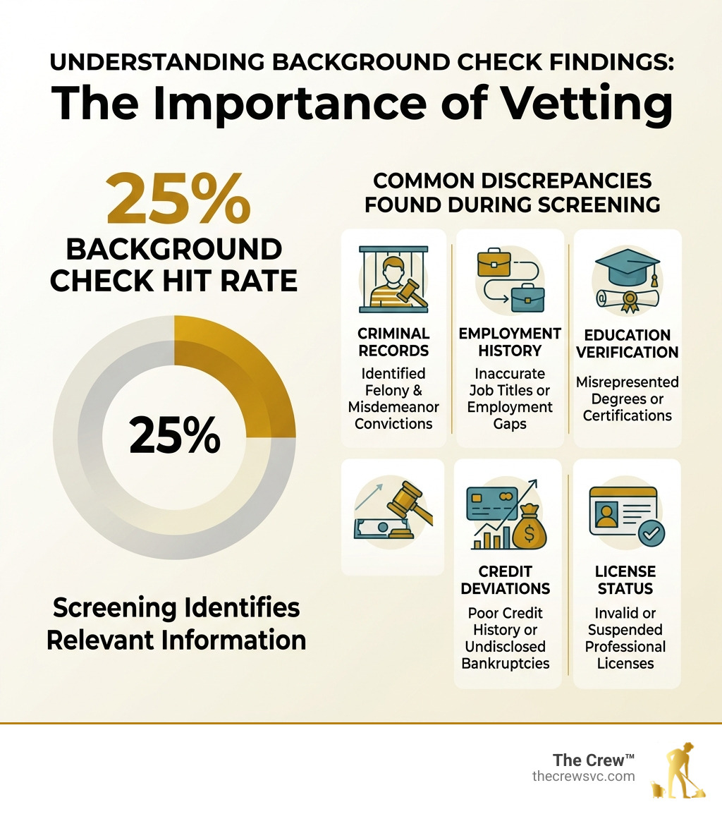 Infographic showing the 25% background check hit rate and common discrepancies found during screening - vetted staff Infographic showing the 25% background check hit rate and common discrepancies found during screening - vetted staff