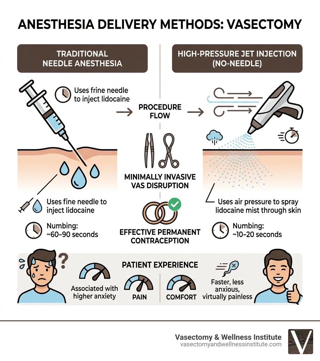Infographic showing high-pressure jet injection process vs traditional needle vasectomy anesthesia - no needle vasectomy