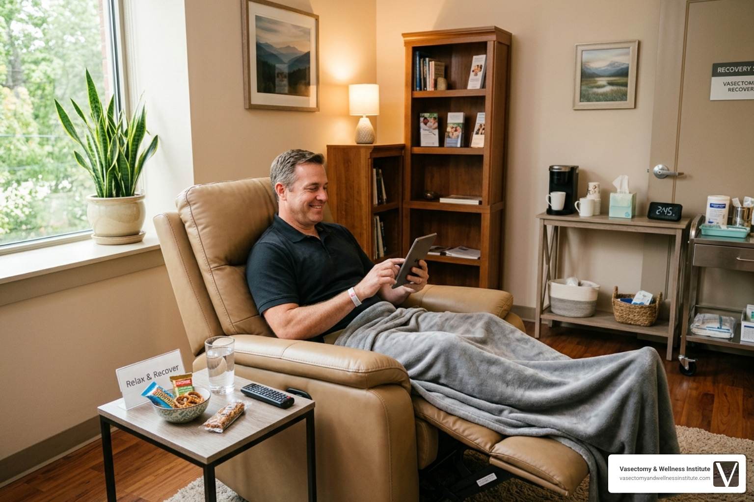 Modern, comfortable patient recovery room at Vasectomy & Wellness Institute designed for immediate post-op relaxation Modern, comfortable patient recovery room at Vasectomy & Wellness Institute designed for immediate post-op relaxation