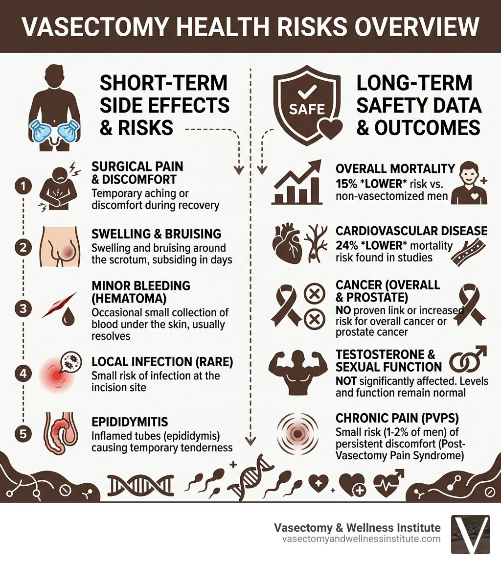 Overview infographic of vasectomy health risks including short-term side effects and long-term safety data - vasectomy Overview infographic of vasectomy health risks including short-term side effects and long-term safety data - vasectomy