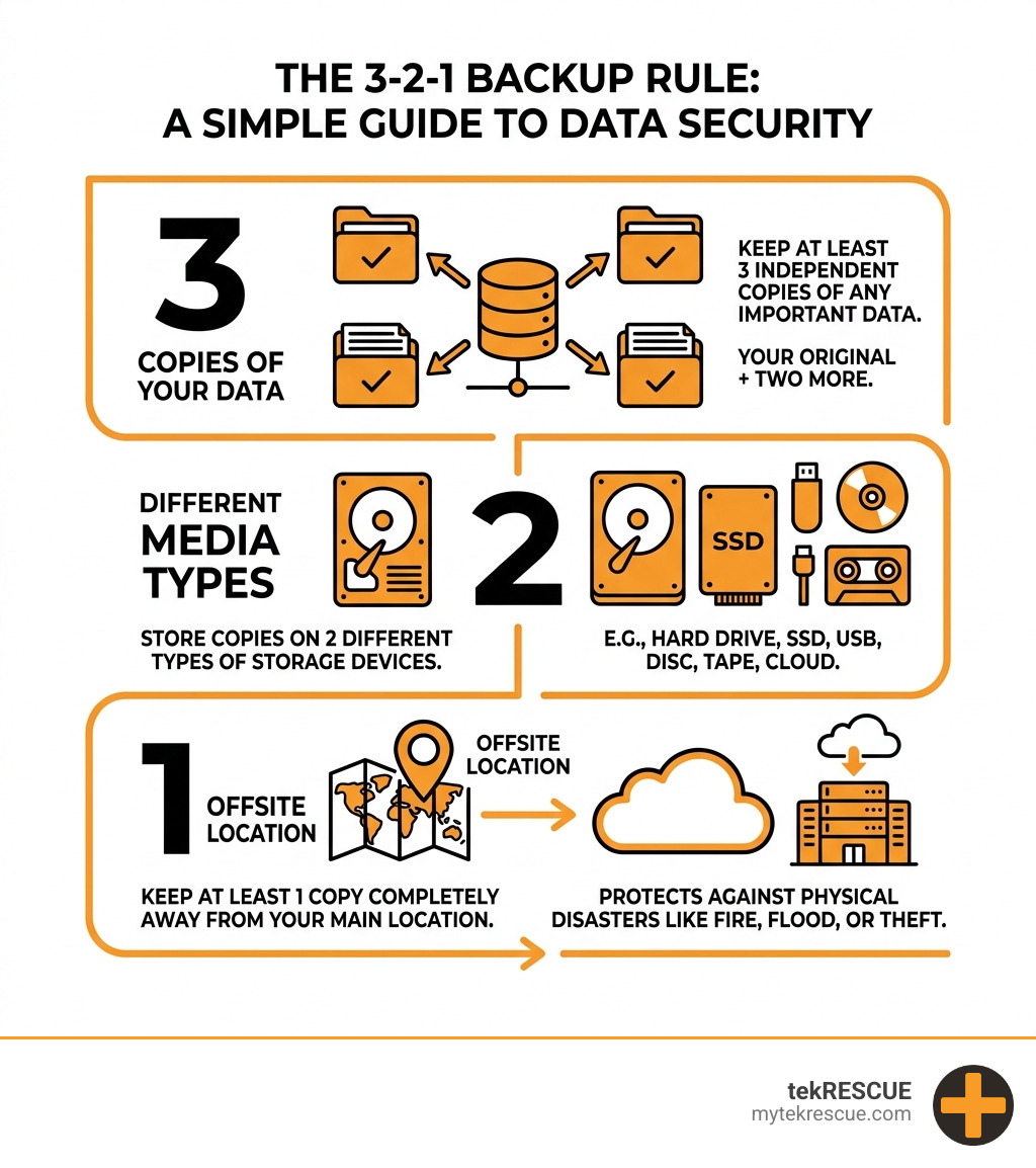 infographic showing the 3-2-1 backup rule: 3 copies, 2 media types, 1 offsite - Flash drive recovery infographic 