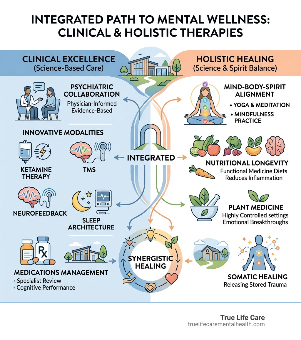 Infographic detailing the integration of clinical and holistic therapies - mental health luxury retreat infographic 