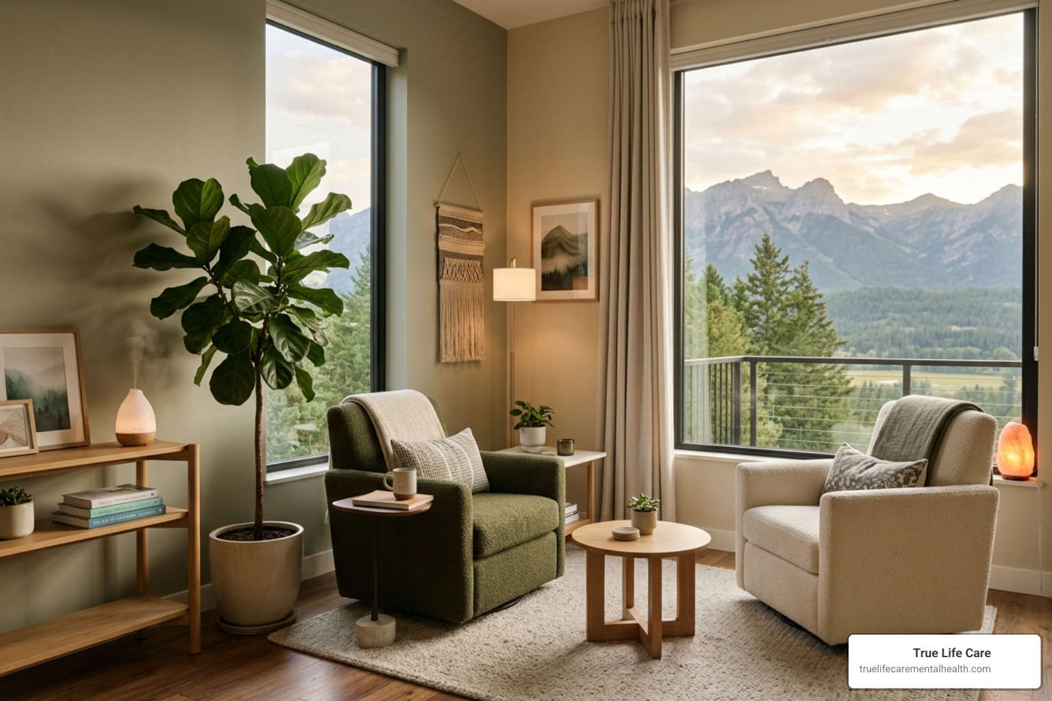 Modern therapy suite with serene views and comfortable seating - mental health luxury retreat