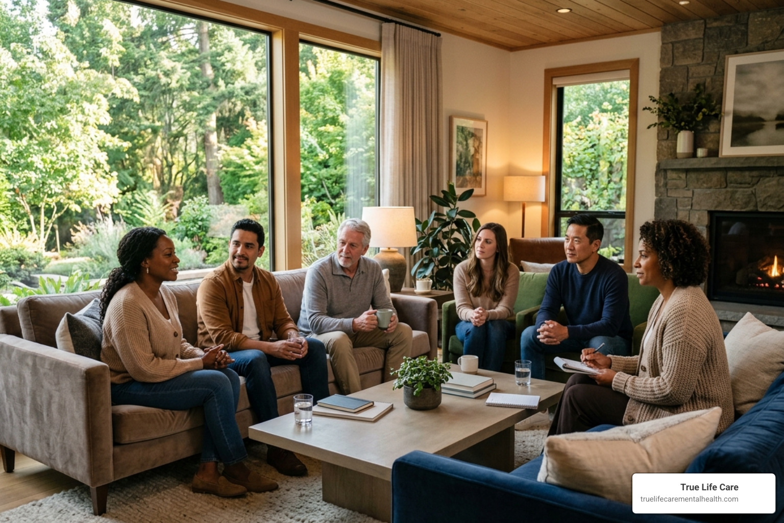 An intimate group therapy session in a comfortable, upscale lounge setting - mental health luxury retreat