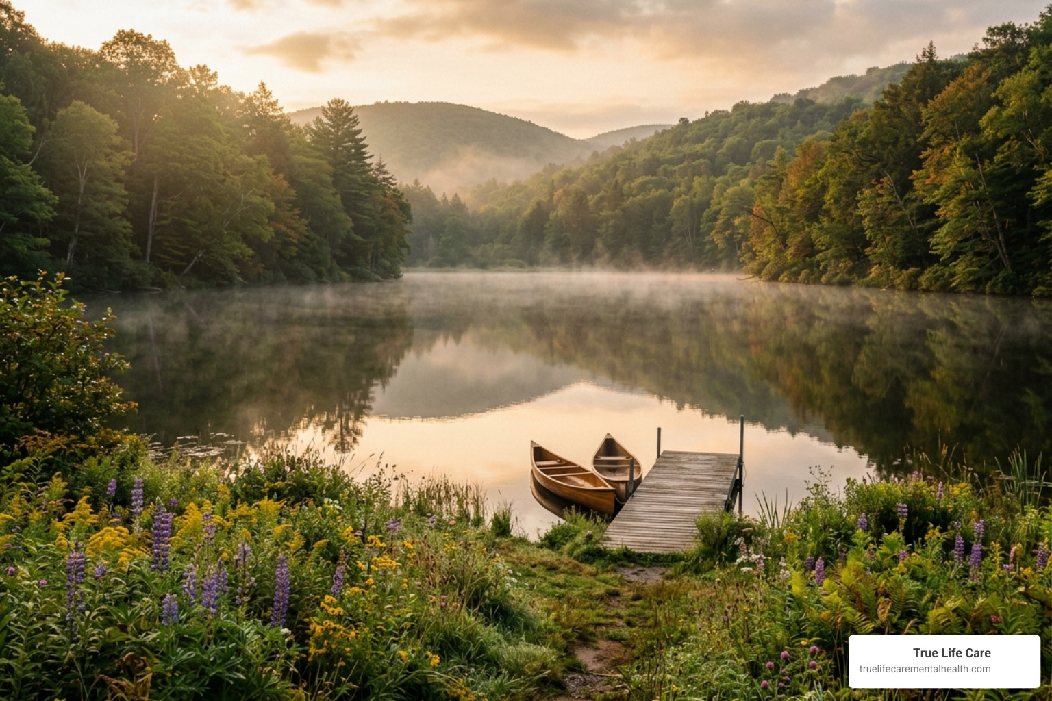 A serene landscape representing the peace found after a luxury mental health retreat - mental health luxury retreat