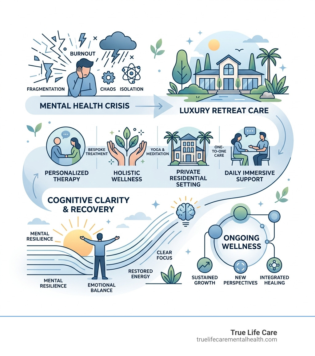 Infographic showing journey from mental health crisis through luxury retreat care to cognitive clarity and recovery - mental