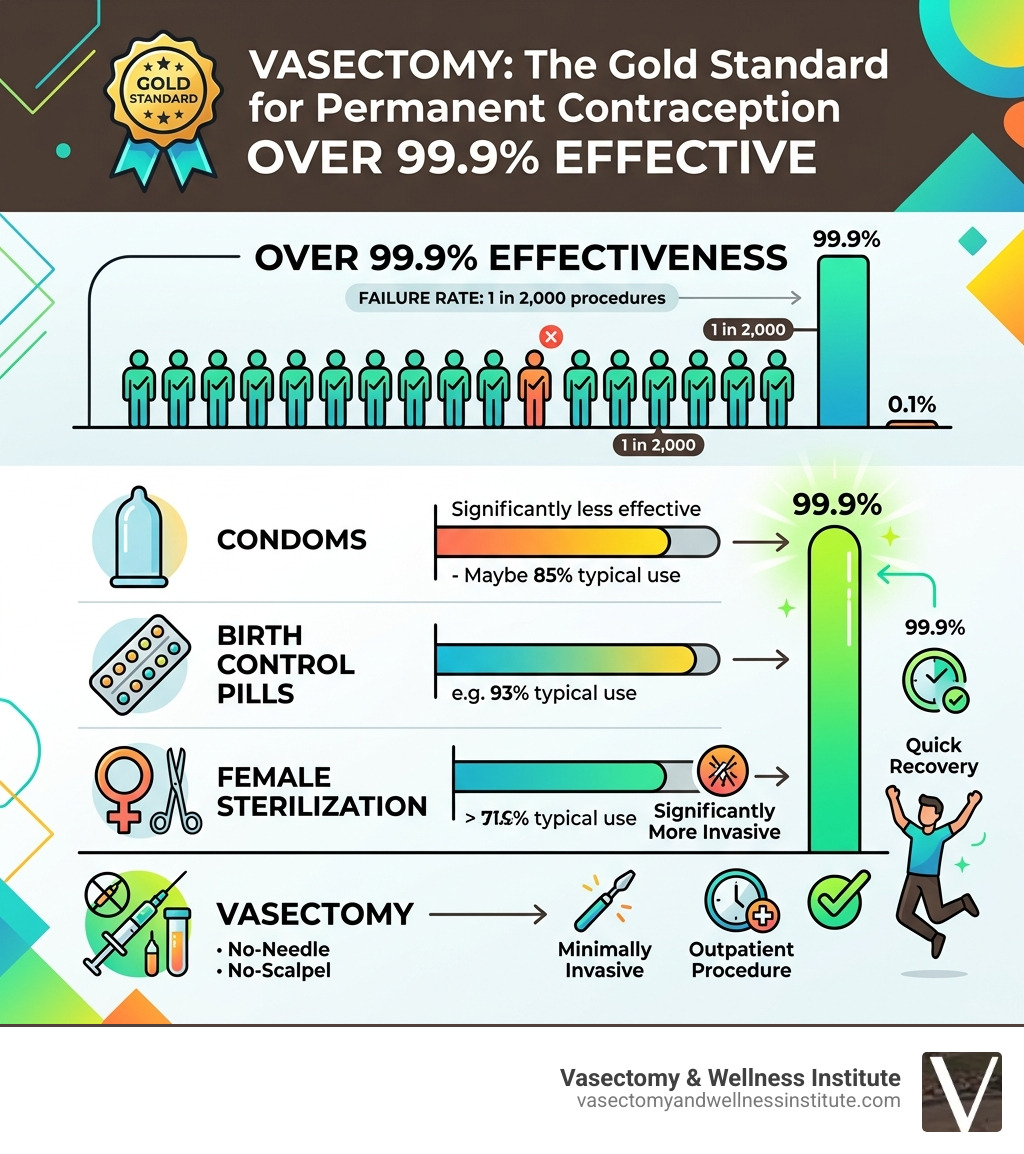 infographic showing the 99.9 percent effectiveness rate of vasectomy compared to other methods - doctors that do vasectomies infographic showing the 99.9 percent effectiveness rate of vasectomy compared to other methods - doctors that do vasectomies