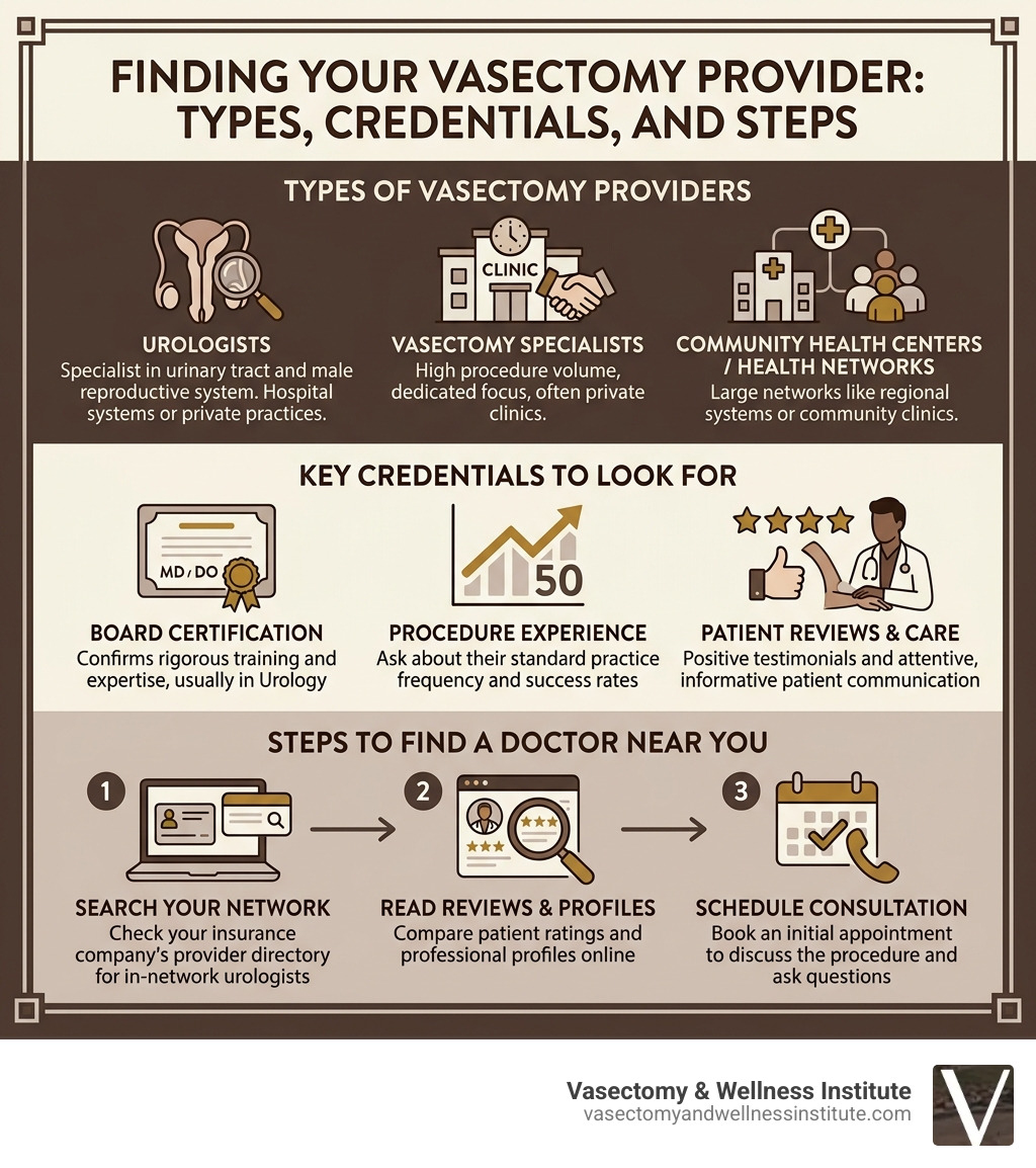 infographic showing types of vasectomy providers, key credentials to look for, and steps to find a doctor near you - doctors infographic showing types of vasectomy providers, key credentials to look for, and steps to find a doctor near you - doctors