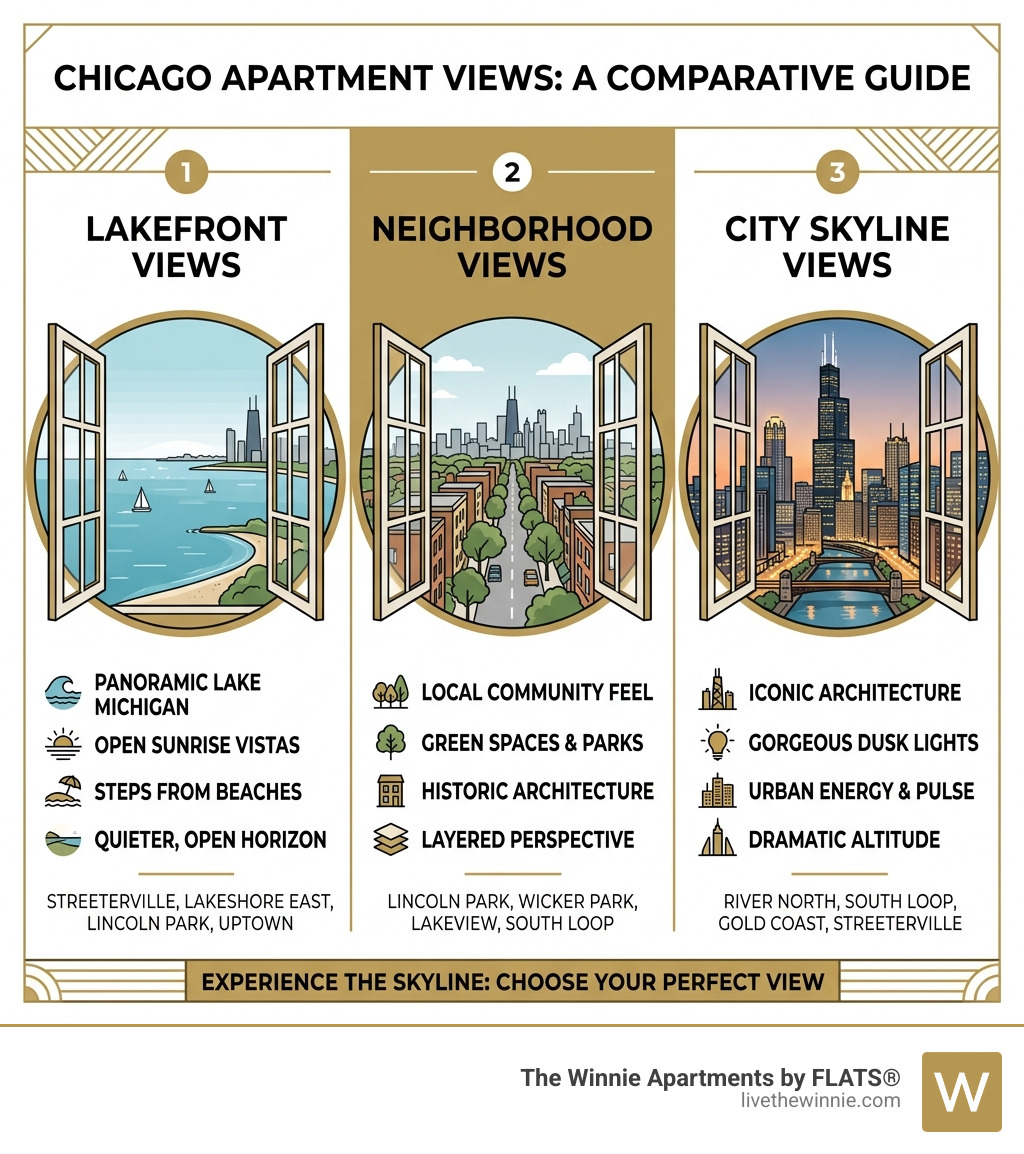 Infographic comparing lakefront, neighborhood, and city skyline views in Chicago apartments - chicago apartments with city Infographic comparing lakefront, neighborhood, and city skyline views in Chicago apartments - chicago apartments with city