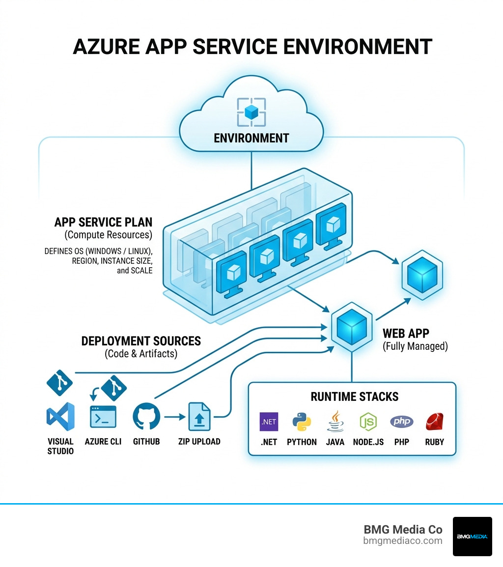 Azure App Service architecture overview showing App Service Plan, Web App, runtime stacks, and deployment sources - build