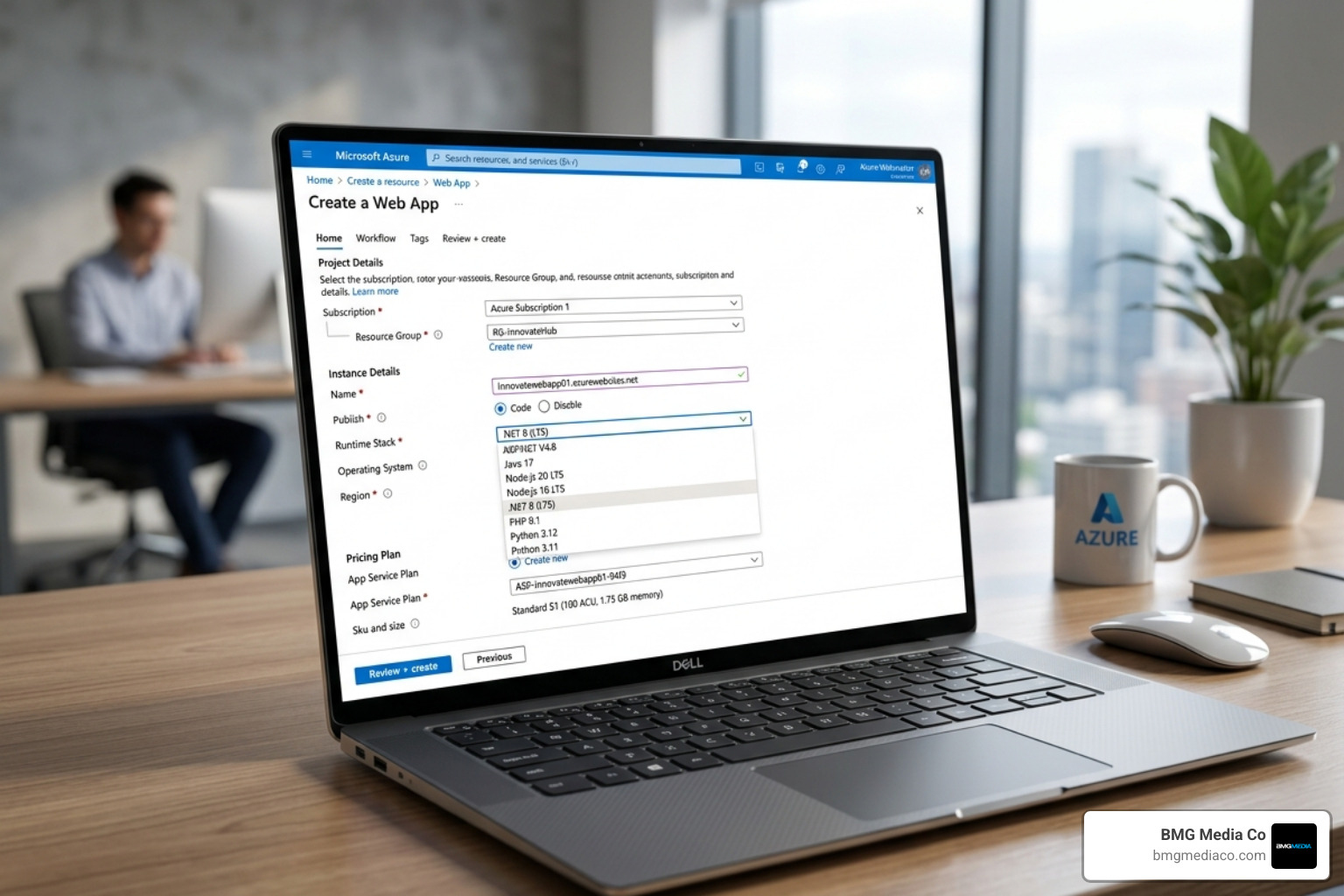 Azure portal interface showing the Web App creation blade with fields for Name, Runtime Stack, and Region - build azure web