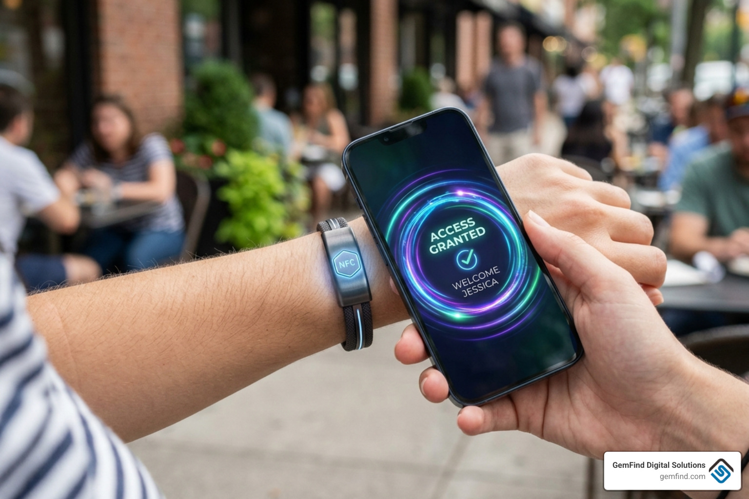 NFC-enabled bracelet unlocking a digital animation on a smartphone screen - augmented reality jewelry