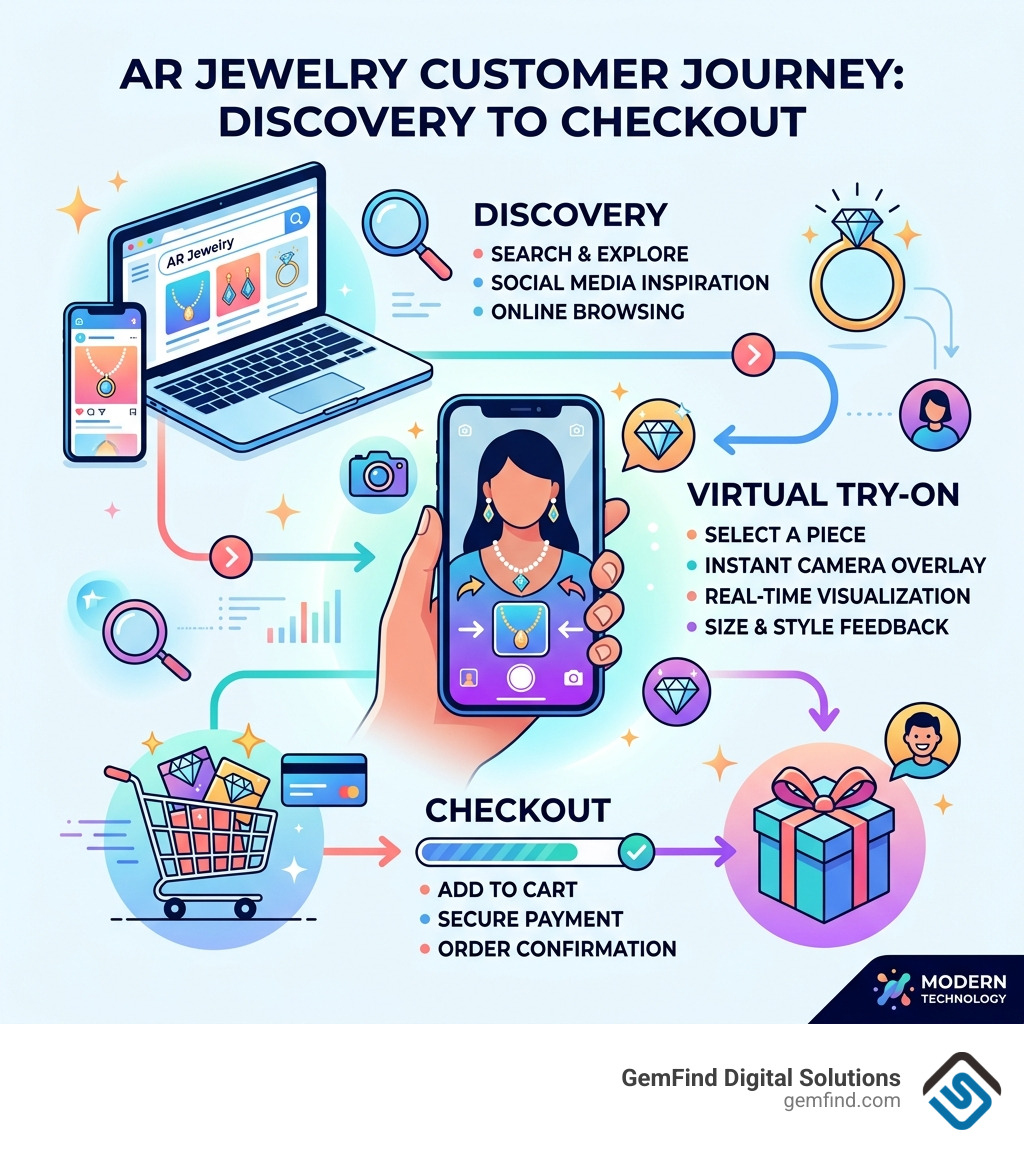 AR jewelry customer journey infographic from discovery to virtual try-on to checkout - augmented reality jewelry infographic 