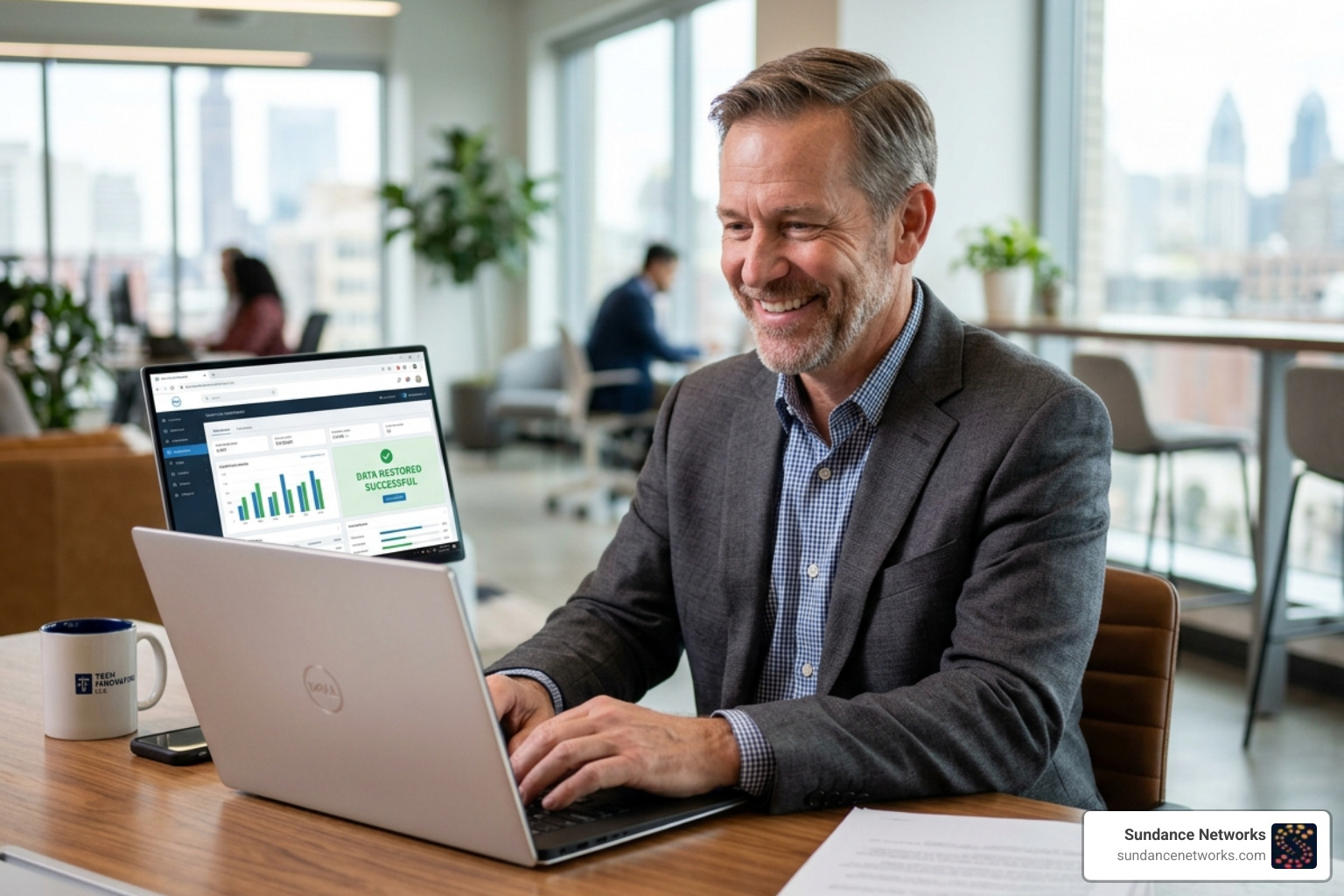 business owner relieved while using a laptop to access data - business data backup