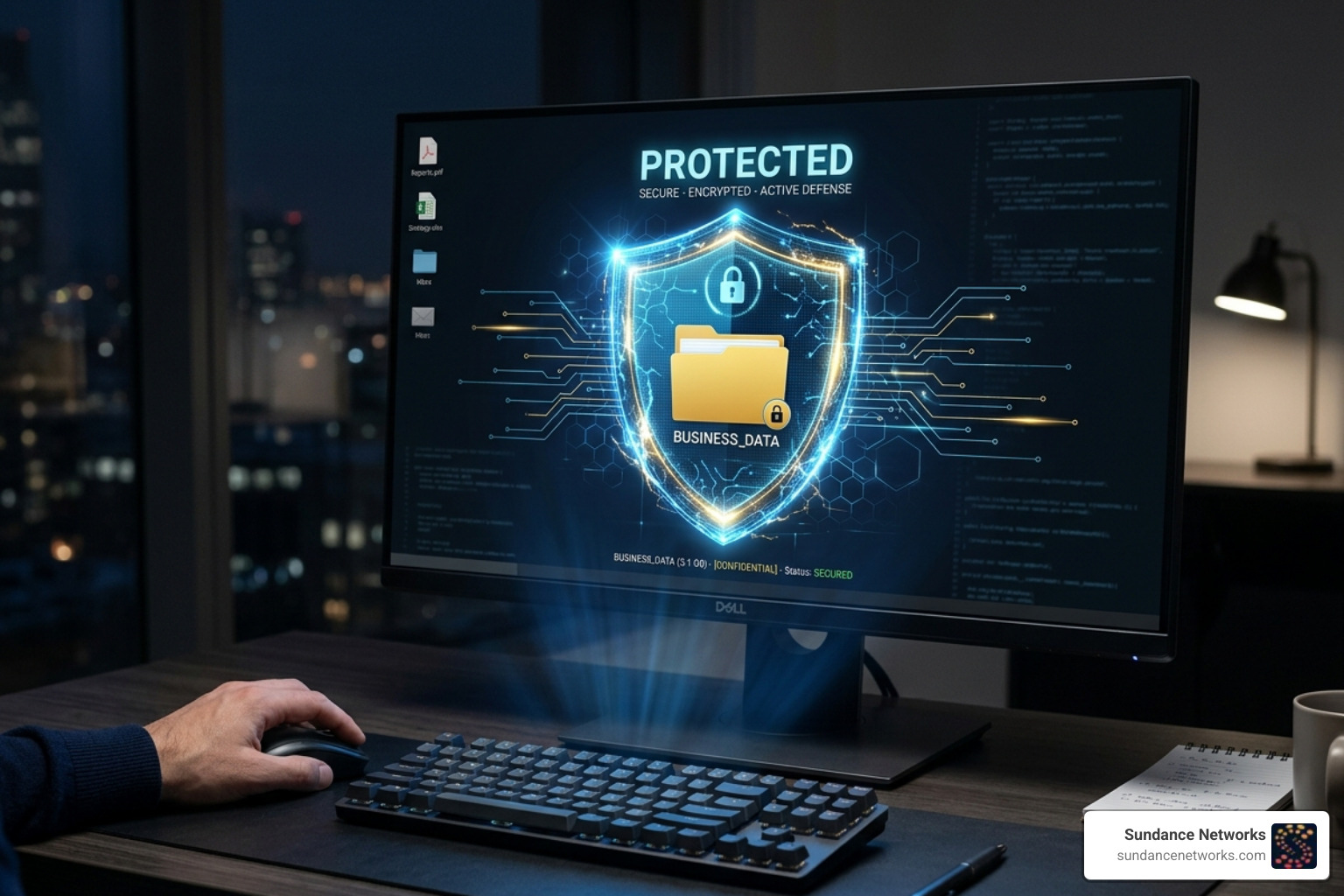 digital shield protecting a folder of business data - business data backup