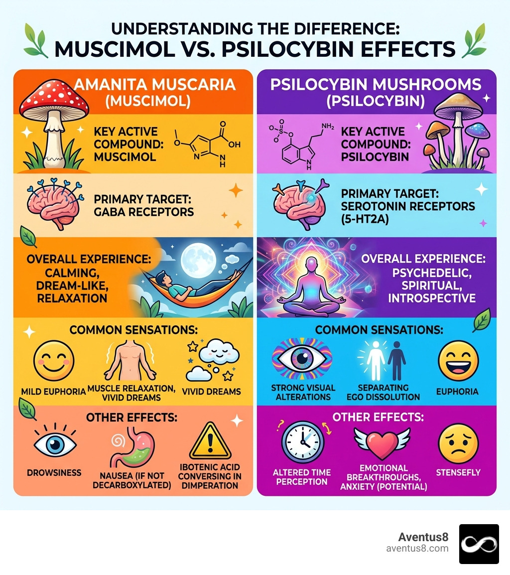 Infographic comparing Amanita muscaria muscimol effects vs psilocybin magic mushroom effects side by side - amanita mushroom