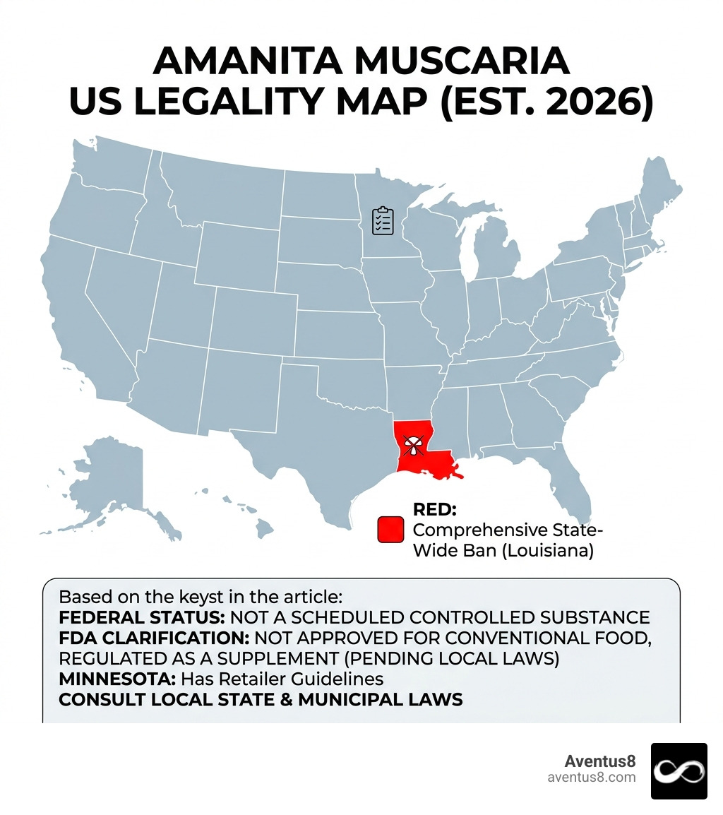 Infographic map of the US showing Amanita legality by state with Louisiana highlighted in red - amanita mushroom gummies