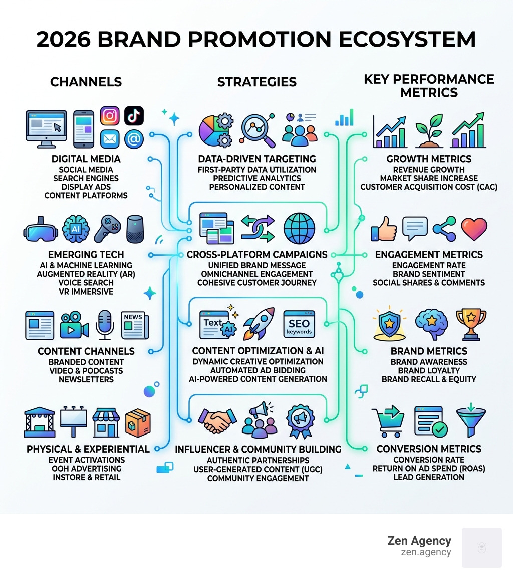 2026 brand promotion ecosystem showing channels, strategies, and key performance metrics - brand promotion companies 2026 brand promotion ecosystem showing channels, strategies, and key performance metrics - brand promotion companies