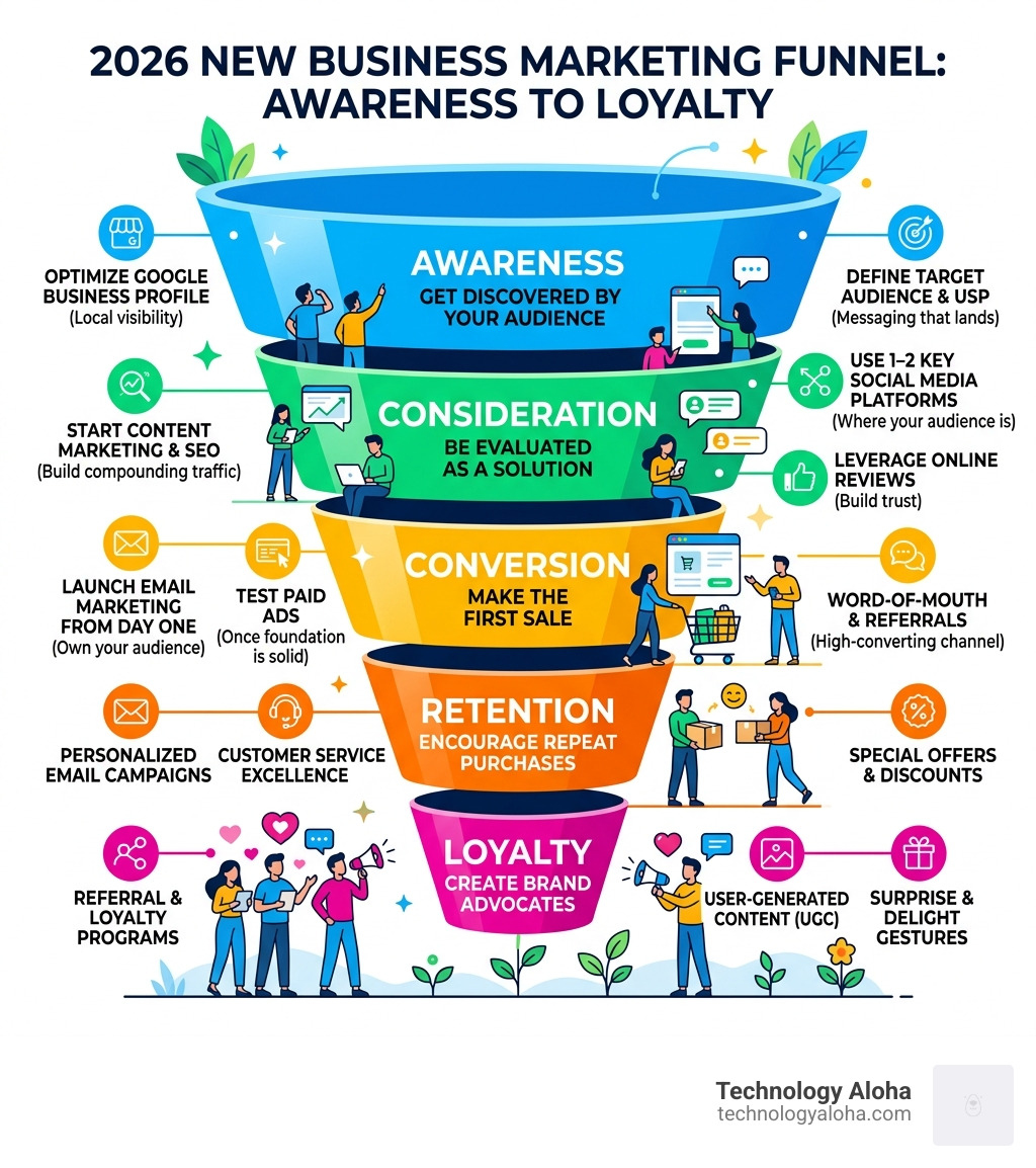 2026 marketing funnel for new businesses showing awareness to loyalty stages with key tactics - best way to market a new