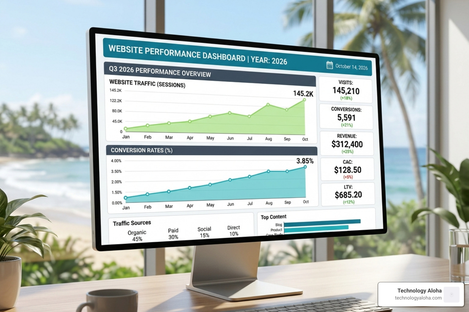 Analytics dashboard showing growth in traffic and conversion rates - best way to market a new business