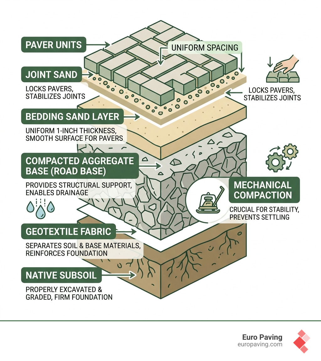 Multi-layered structure of a professional paver installation base system infographic - contractors pavers installation Multi-layered structure of a professional paver installation base system infographic - contractors pavers installation