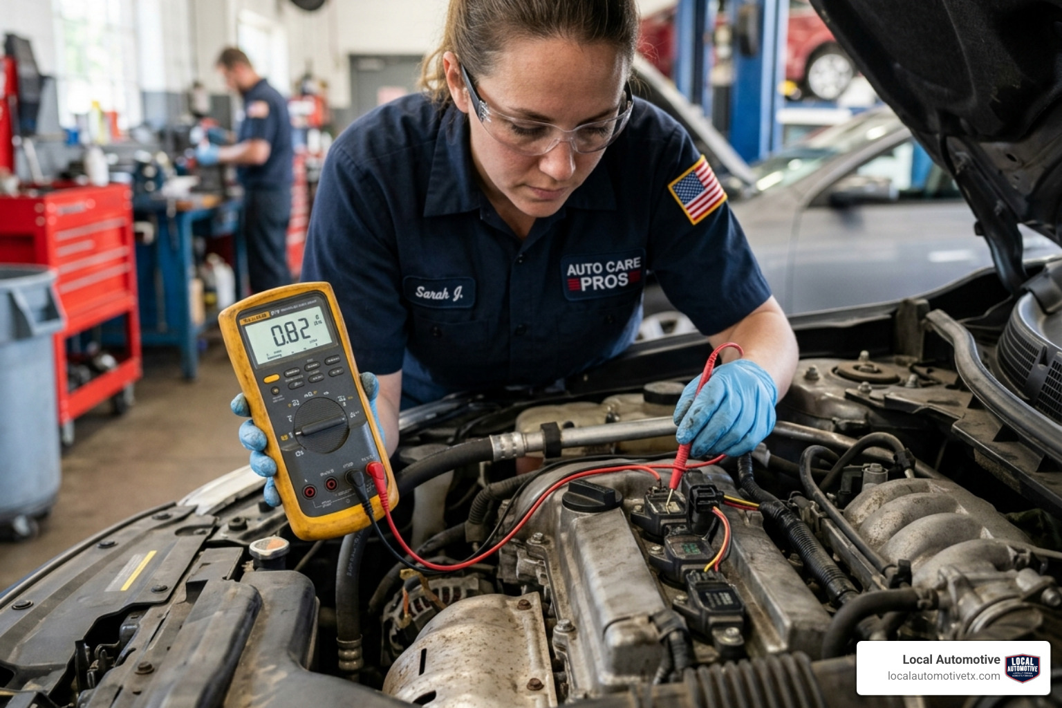 A professional automotive multimeter testing an ignition coil pack for resistance - engine misfire diagnosis