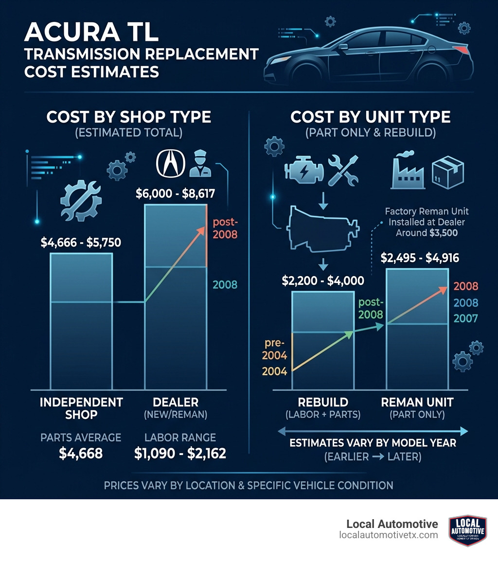 Infographic showing Acura TL transmission replacement cost ranges by shop type and model year - acura tl transmission